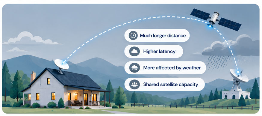 Illustration of a Starlink dish at a home connecting to satellites in orbit