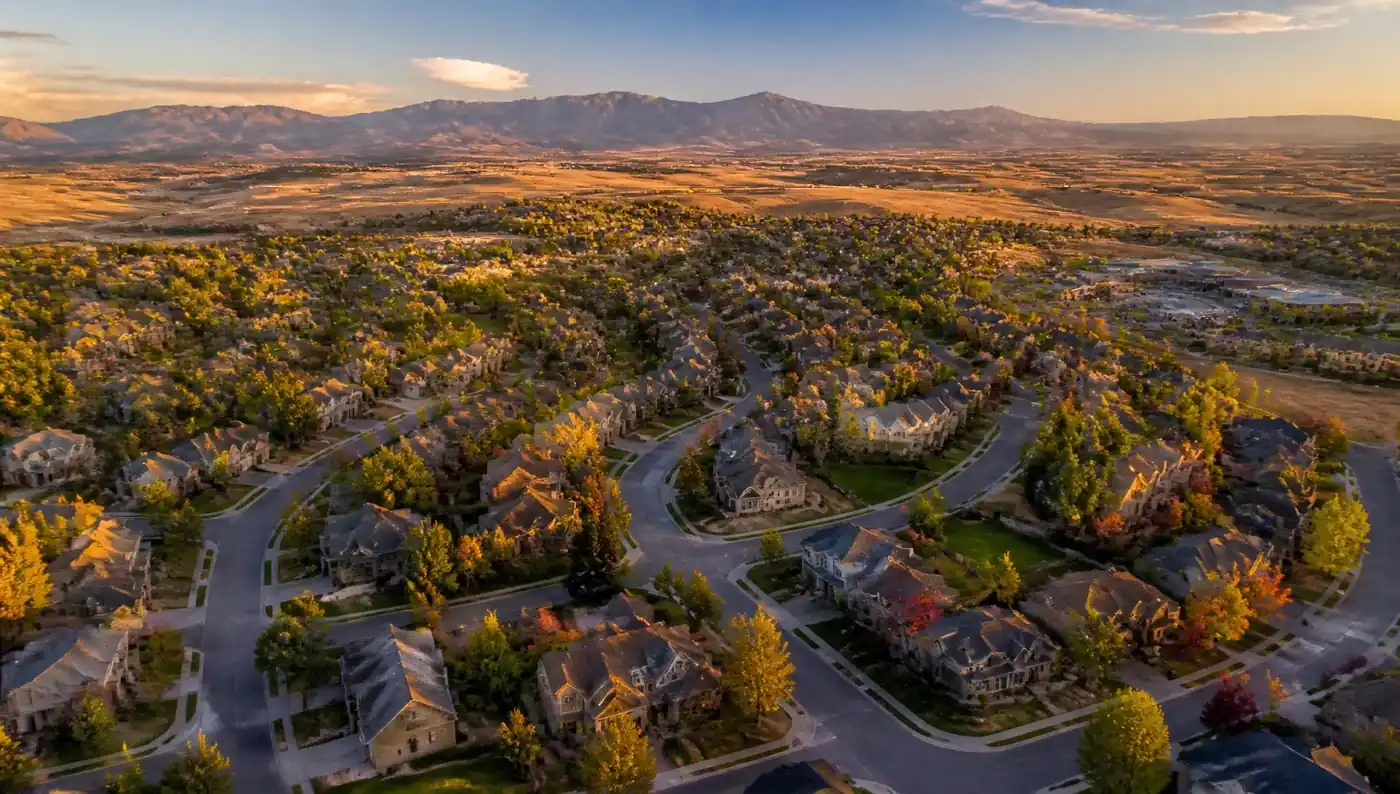 Aerial view of Parker, Colorado neighborhoods with the Front Range in the distance